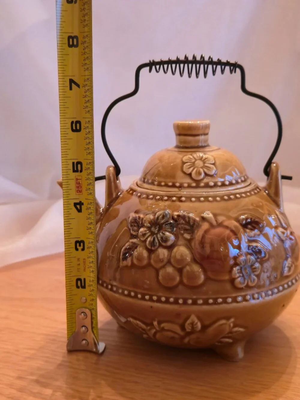 Vintage Footed Teapot with Fall Harvest Fruit Theme, Mustard Color Made in Japan